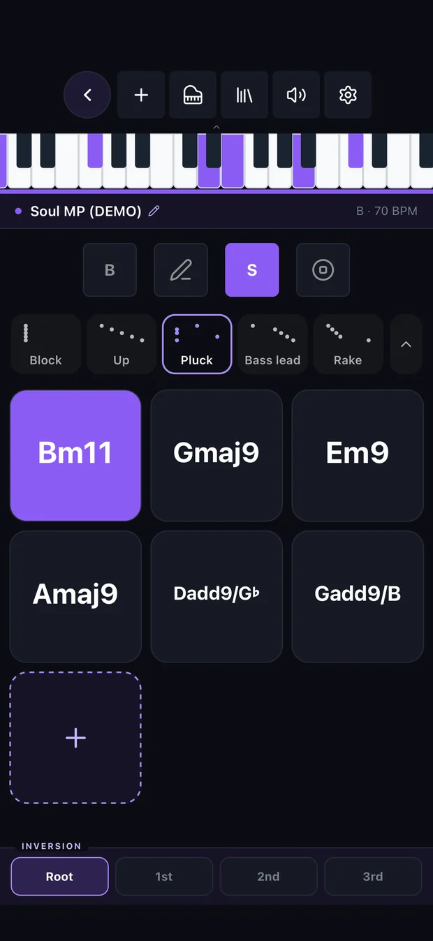 ChordCodex Jam mode — a grid of chord pads on a dark screen.