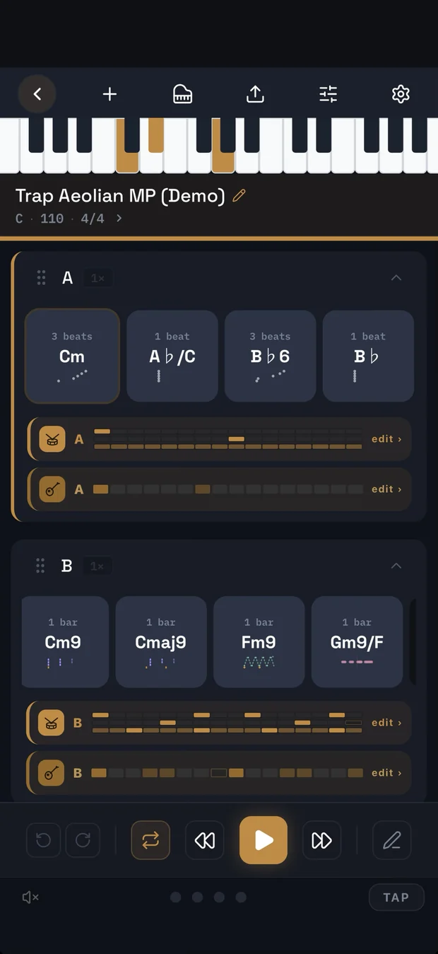 ChordCodex Compose mode — a song arrangement laid out by section.