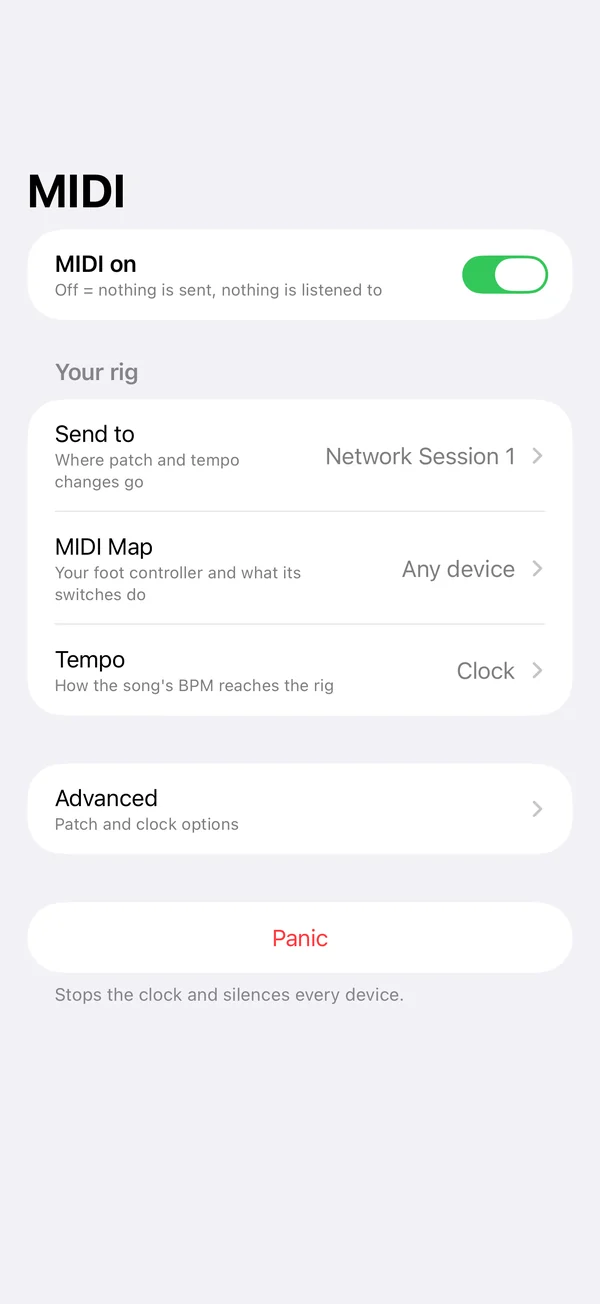 The MIDI tab: MIDI on, then Send to, MIDI Map and Tempo rows, Advanced, and Panic.