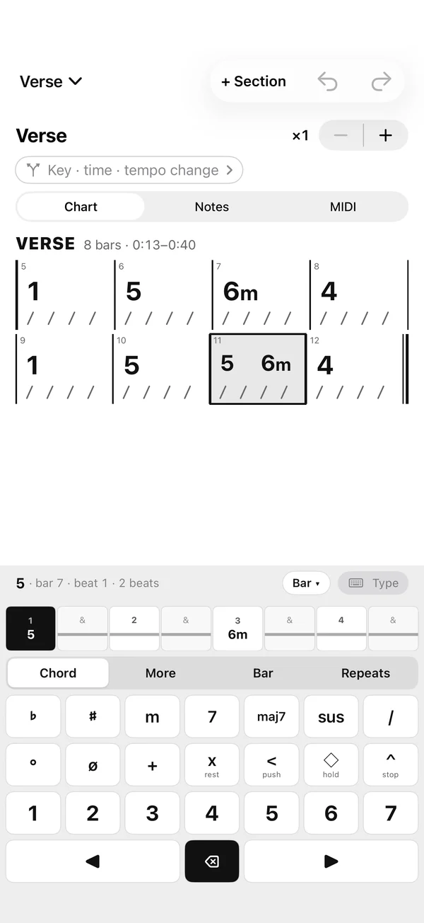 The section editor: the Verse chart above a keypad with flat, sharp, m, 7, maj7, sus, slash, push, hold and stop keys, and the numbers 1 to 7.