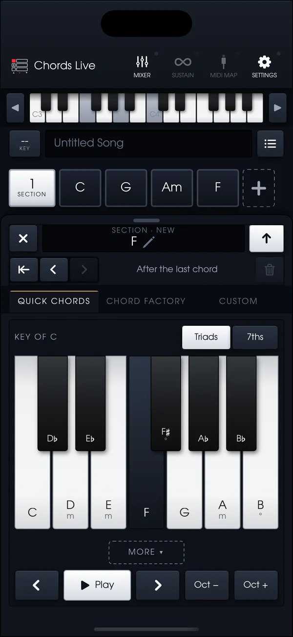 The chord picker: Quick Chords in the key of C laid out on a piano keyboard, with Chord Factory and Custom tabs.
