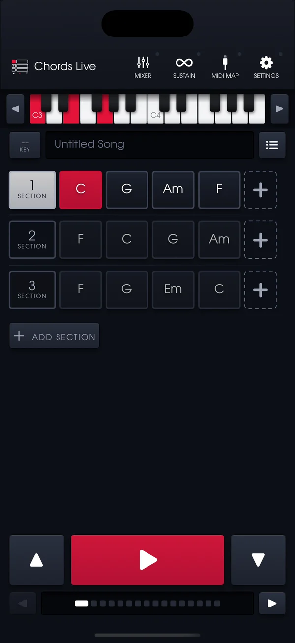 The song screen with three sections of chords, C sounding in red in section 3 and its notes lit on the keyboard.