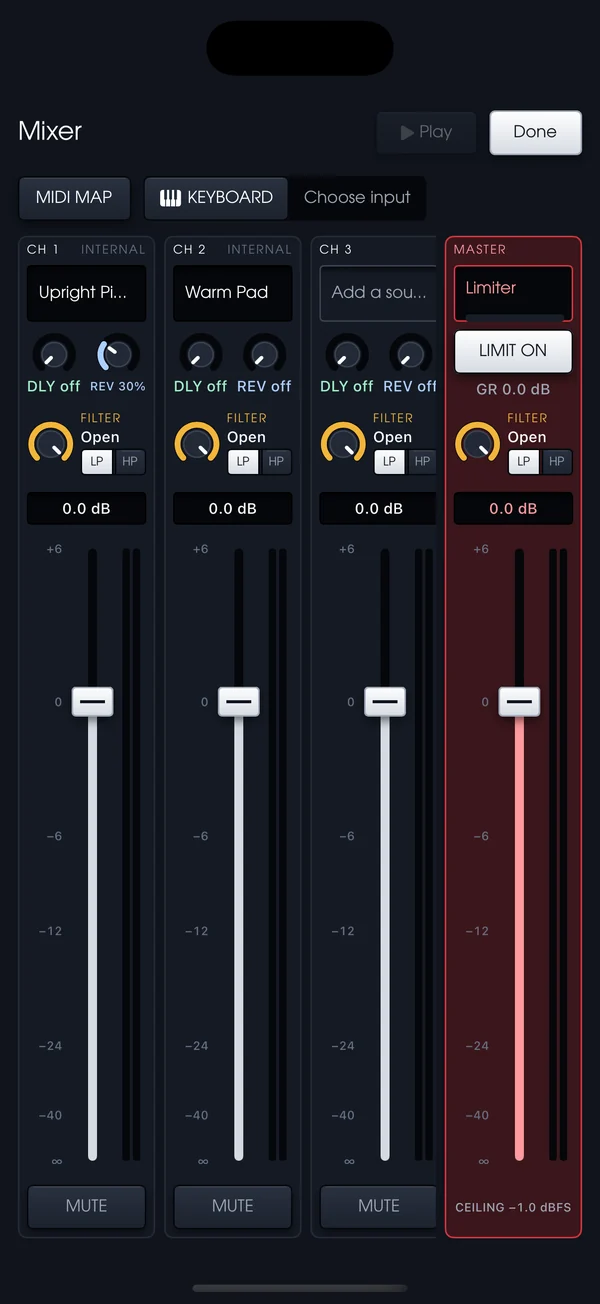 The mixer: channels with sound pickers, delay and reverb sends, filters and faders, and a master limiter.