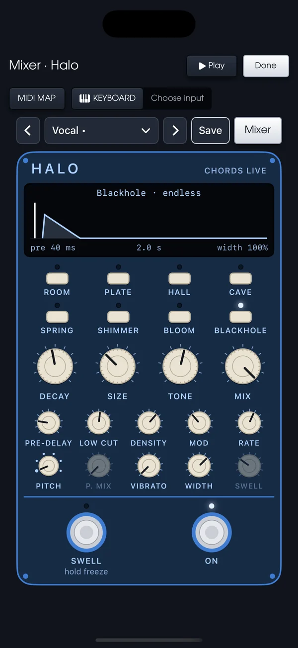 Halo, the reverb: Room, Plate, Hall, Cave, Spring, Shimmer, Bloom and Blackhole, with decay, size, tone and mix dials and a swell footswitch.
