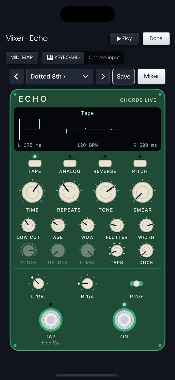Echo, the delay: Tape, Analog, Reverse and Pitch modes, time, repeats, tone and smear dials, and a tap footswitch.