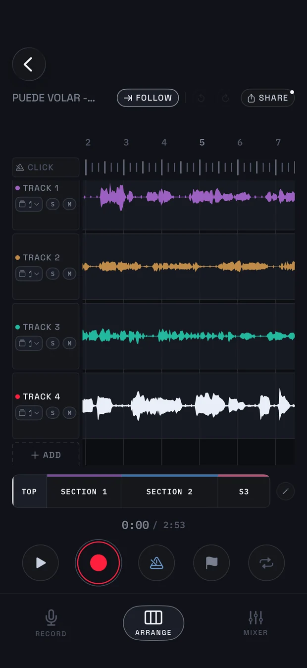 VoxCodex arrange screen — a backing track above three vocal takes as coloured waveforms, with section markers, Follow, and record controls.